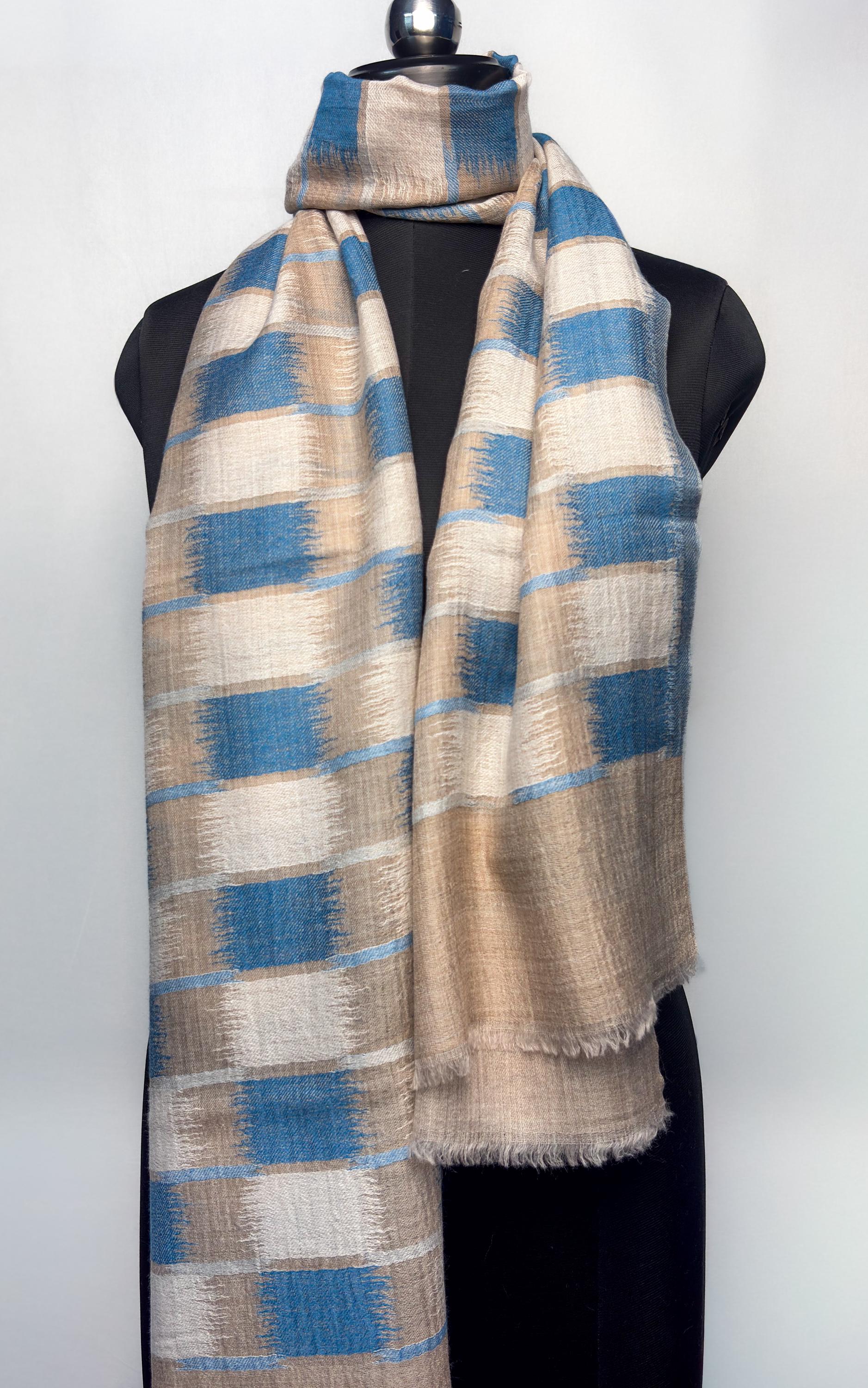 Blue and Beige Ikat Fine Wool Stole