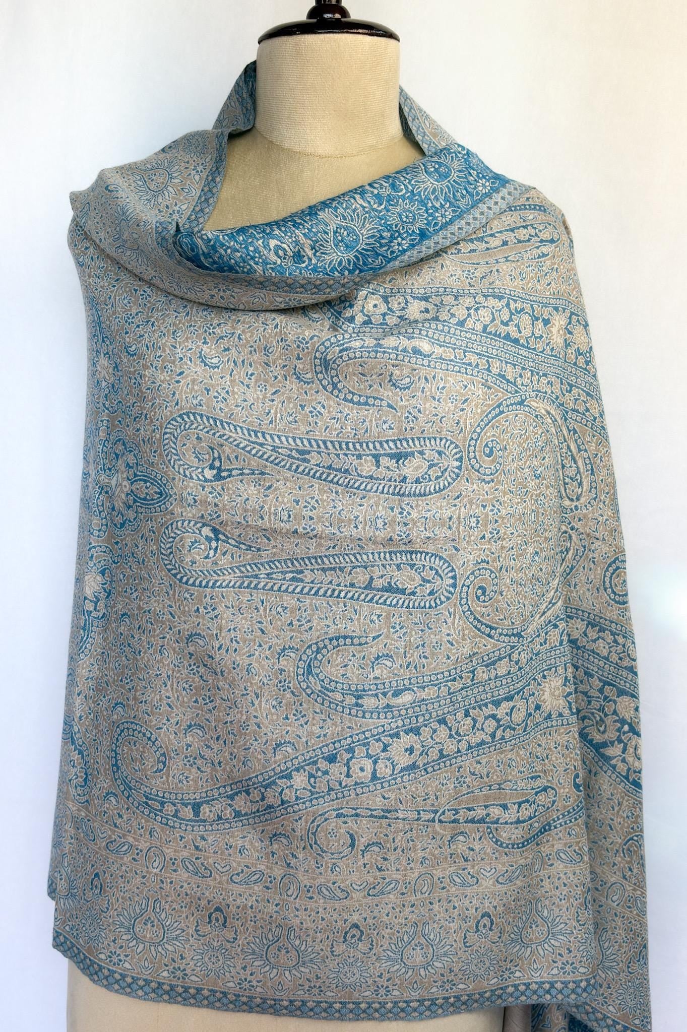 Sky Blue and Beige Paisley Fine wool Stole