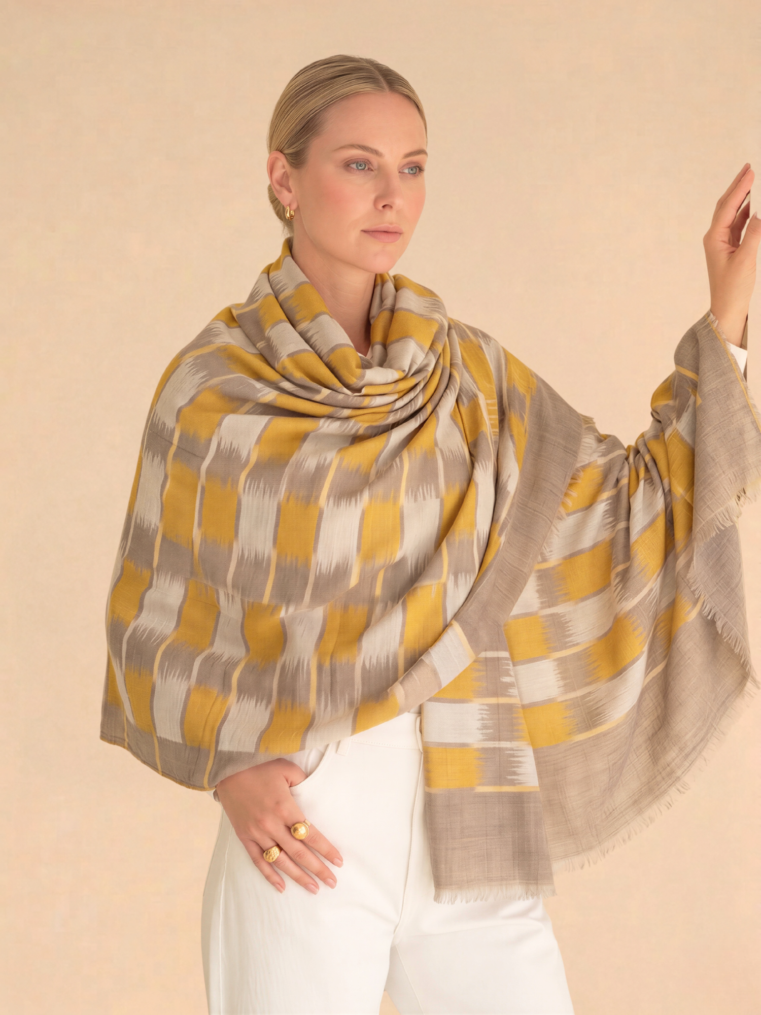 Mustard and Beige Ikat Fine wool Shawl
