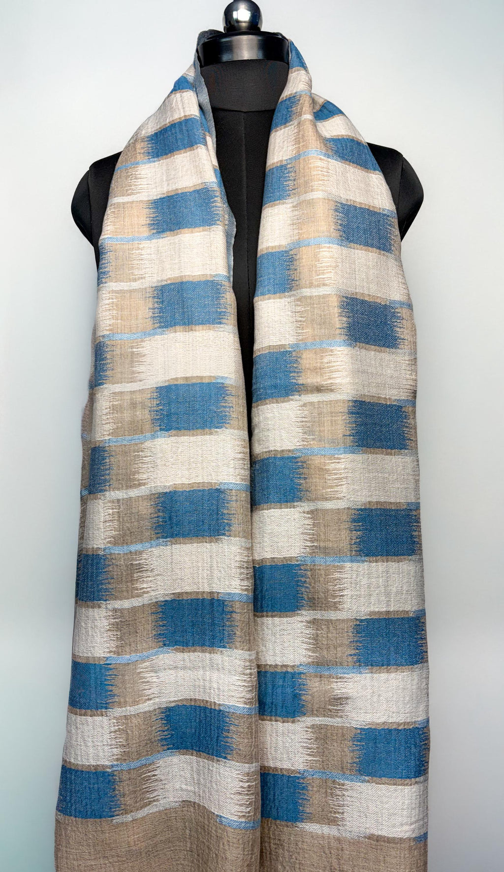 Blue and Beige Ikat Fine Wool Stole