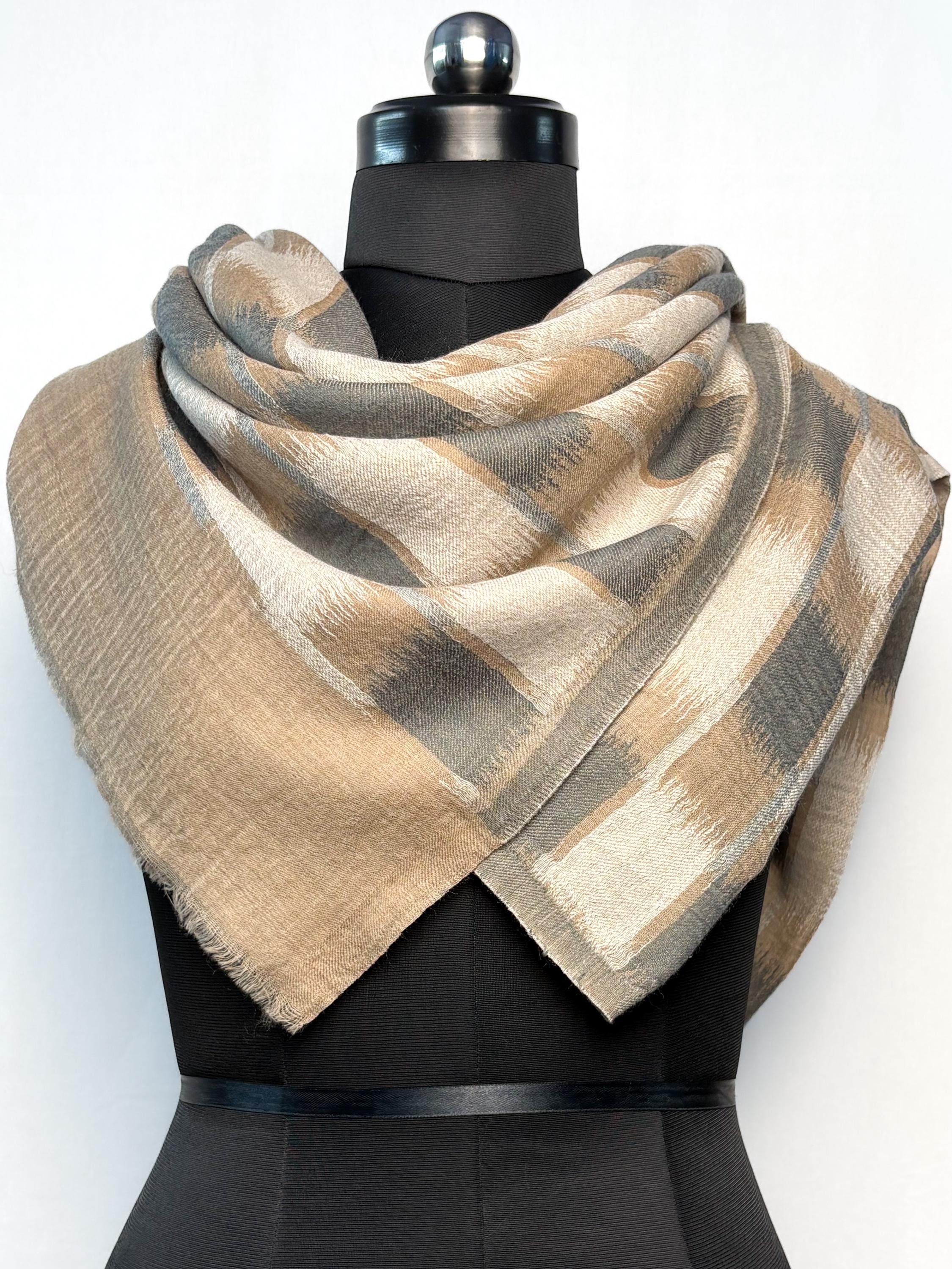 Beige and Grey Ikat Fine wool Stole
