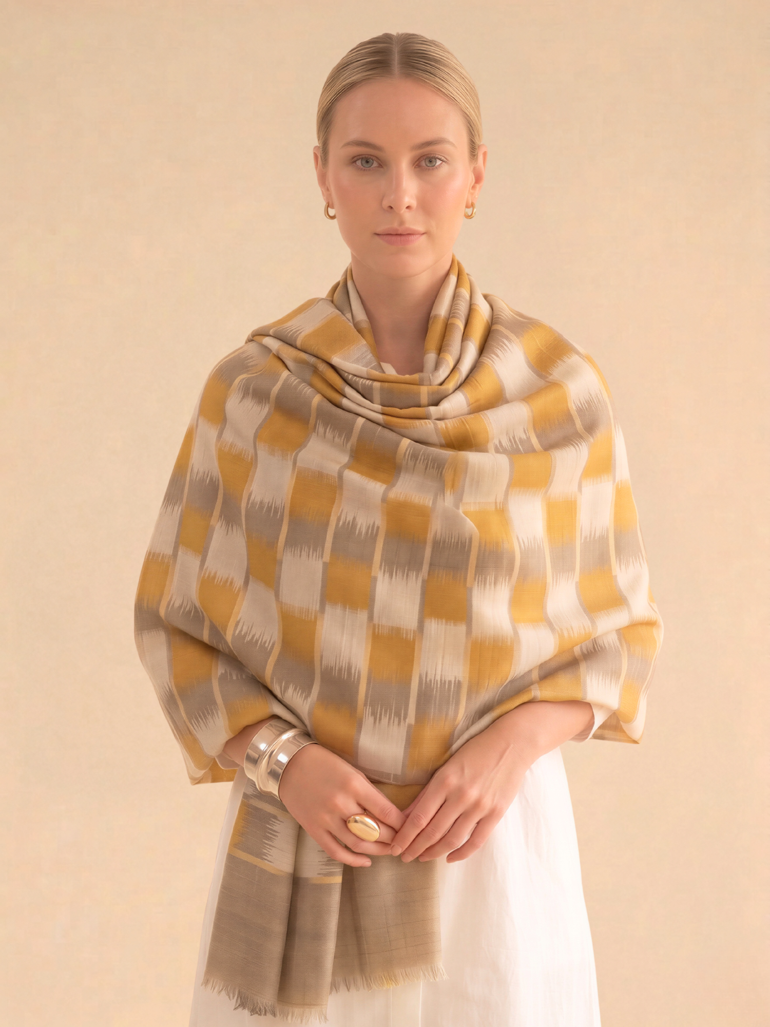 Mustard and Beige Ikat Fine wool Shawl