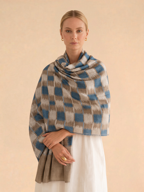 Blue and Beige Ikat Fine Wool Stole