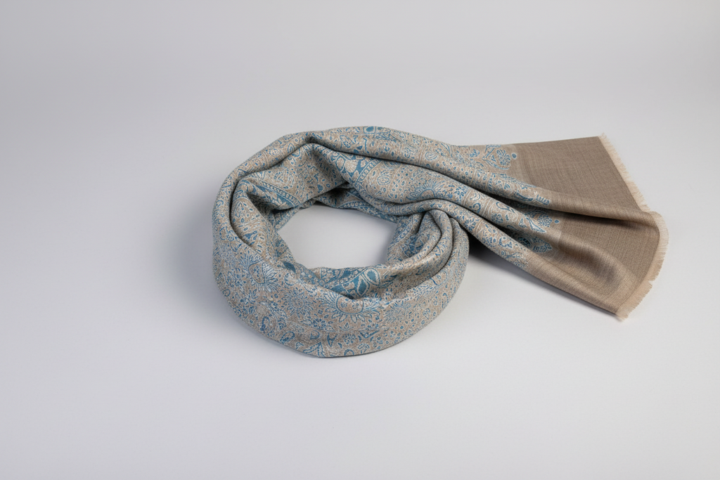 Sky Blue and Beige Paisley Fine wool Stole