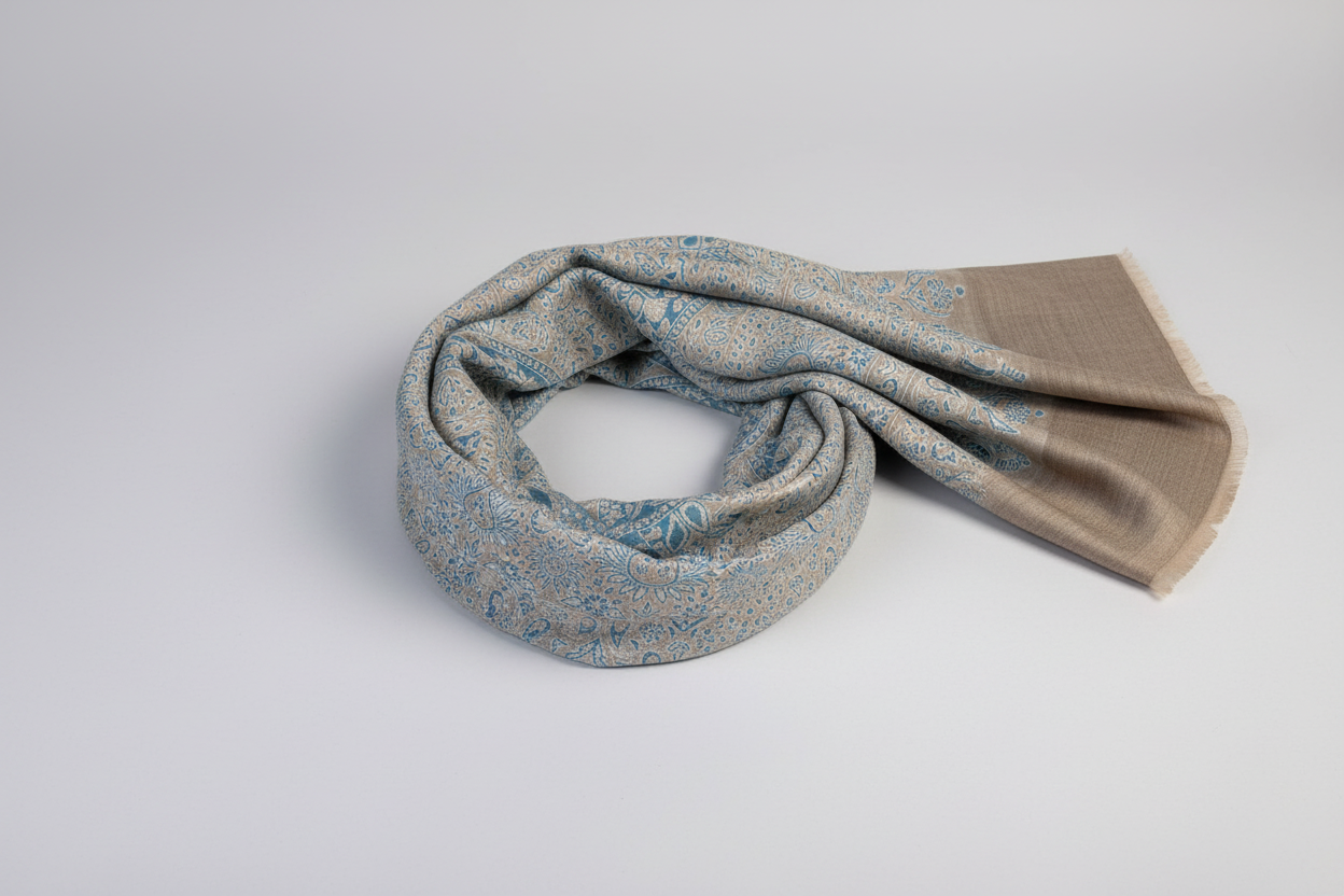 Sky Blue and Beige Paisley Fine wool Stole