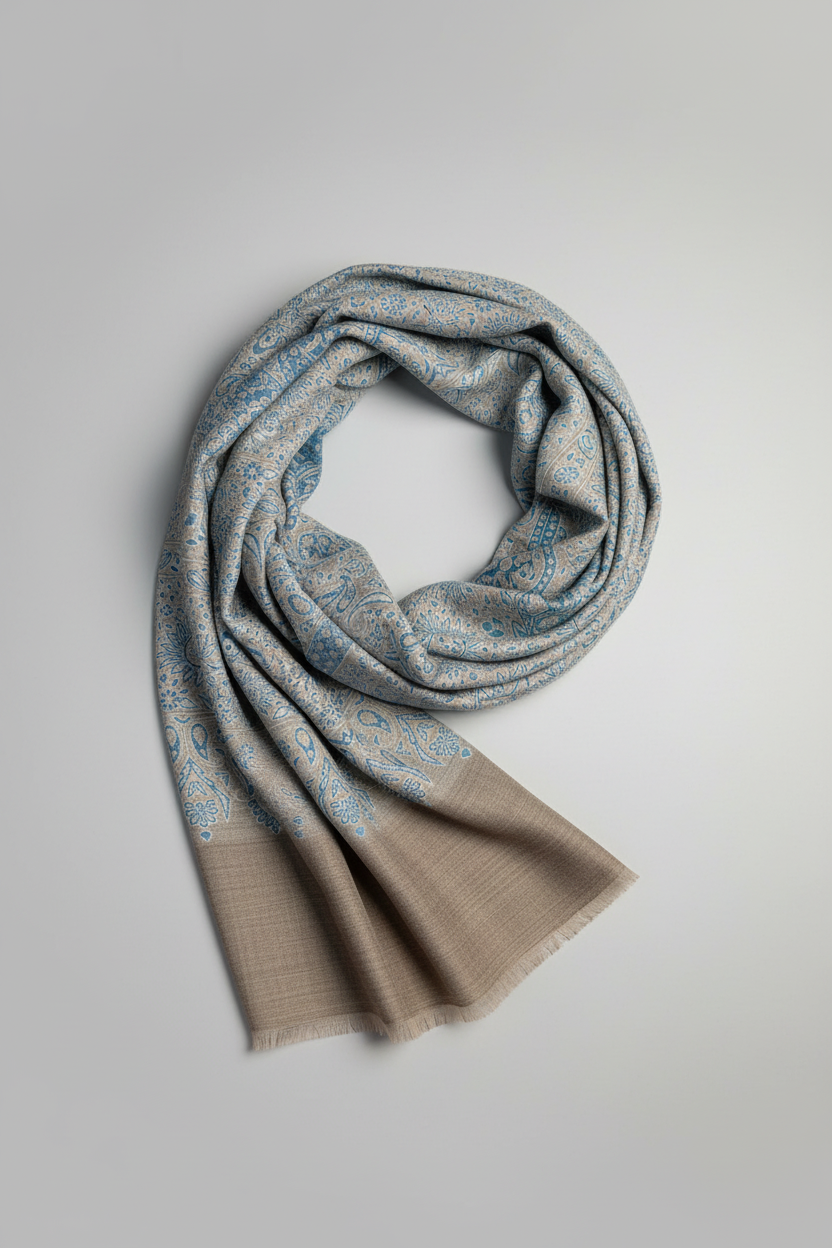Sky Blue and Beige Paisley Fine wool Stole