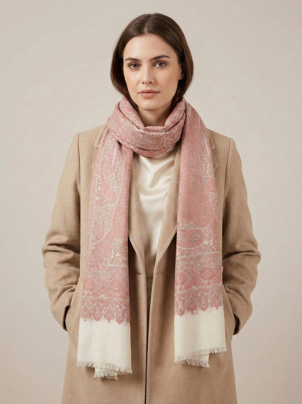 Soft Peach Paisley Fine Wool Stole