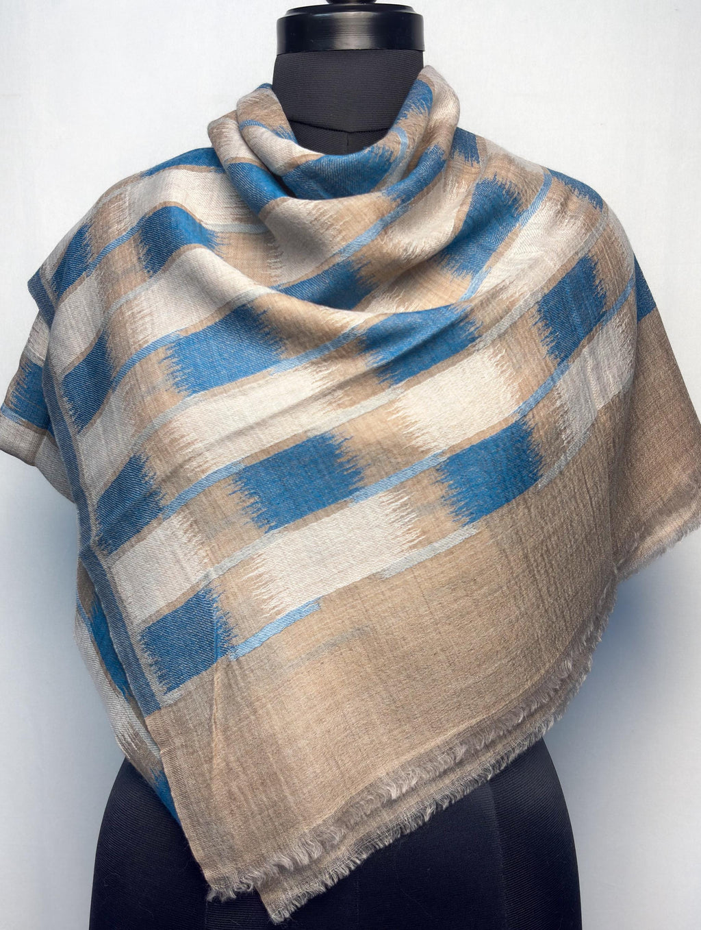 Blue and Beige Ikat Fine Wool Stole