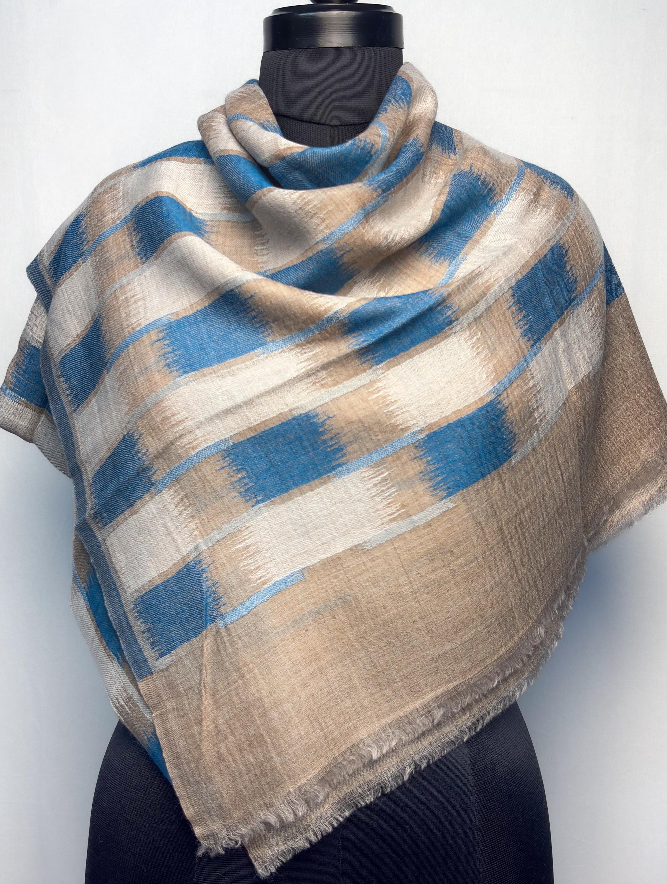 Blue and Beige Ikat Fine Wool Stole