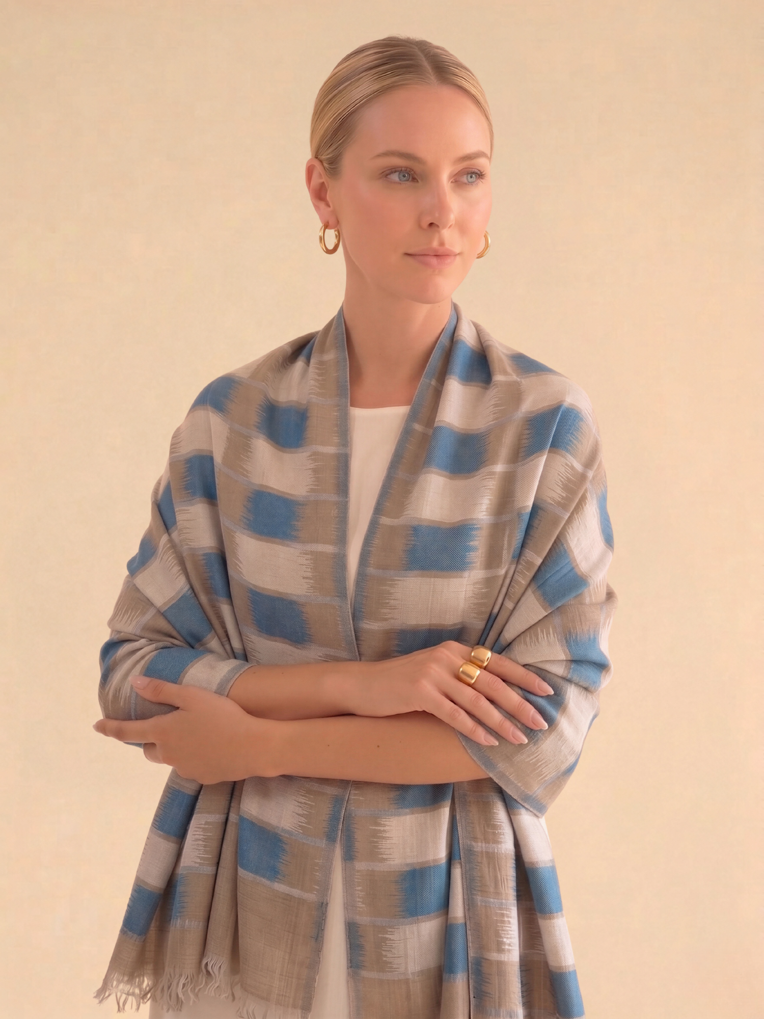 Blue and Beige Ikat Fine Wool Stole