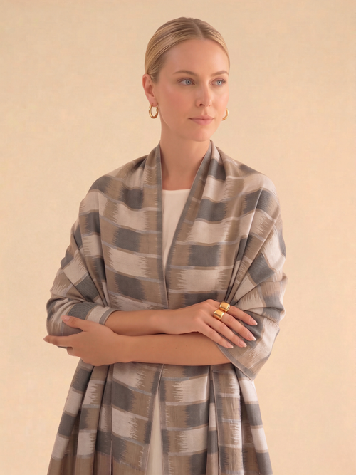 Beige and Grey Ikat Fine wool Stole