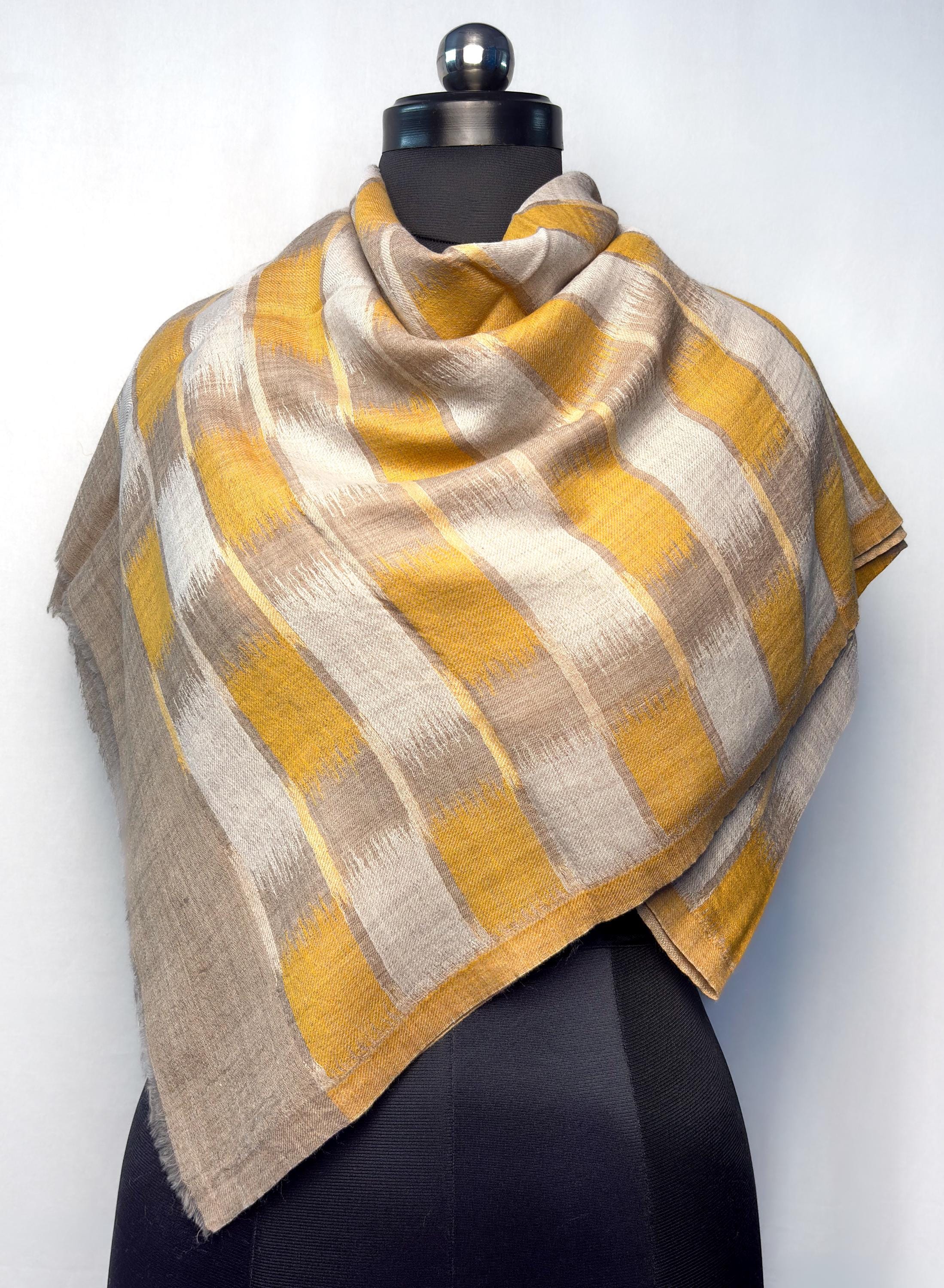 Mustard and Beige Ikat Fine wool Shawl