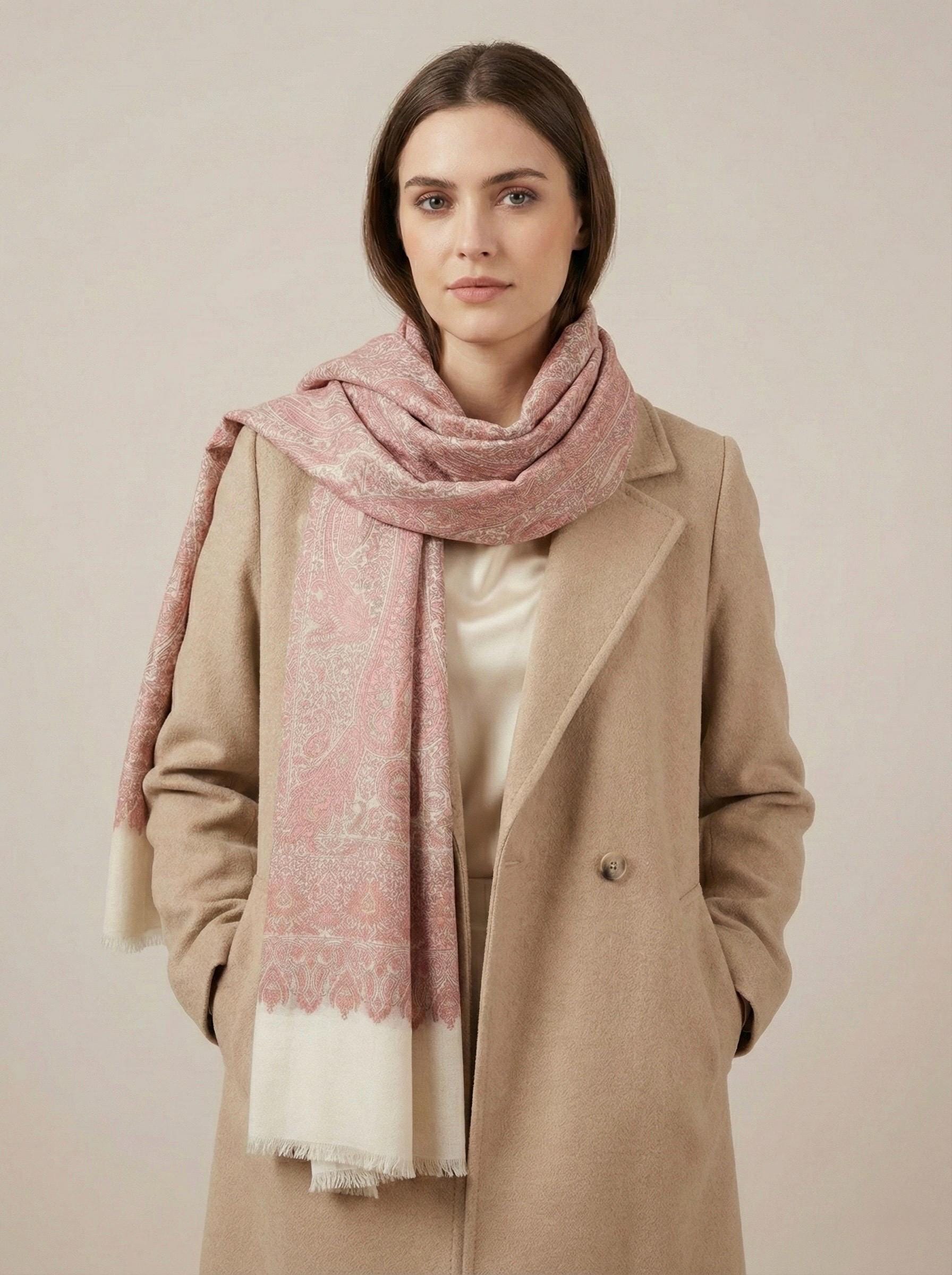 Soft Peach Paisley Fine Wool Stole