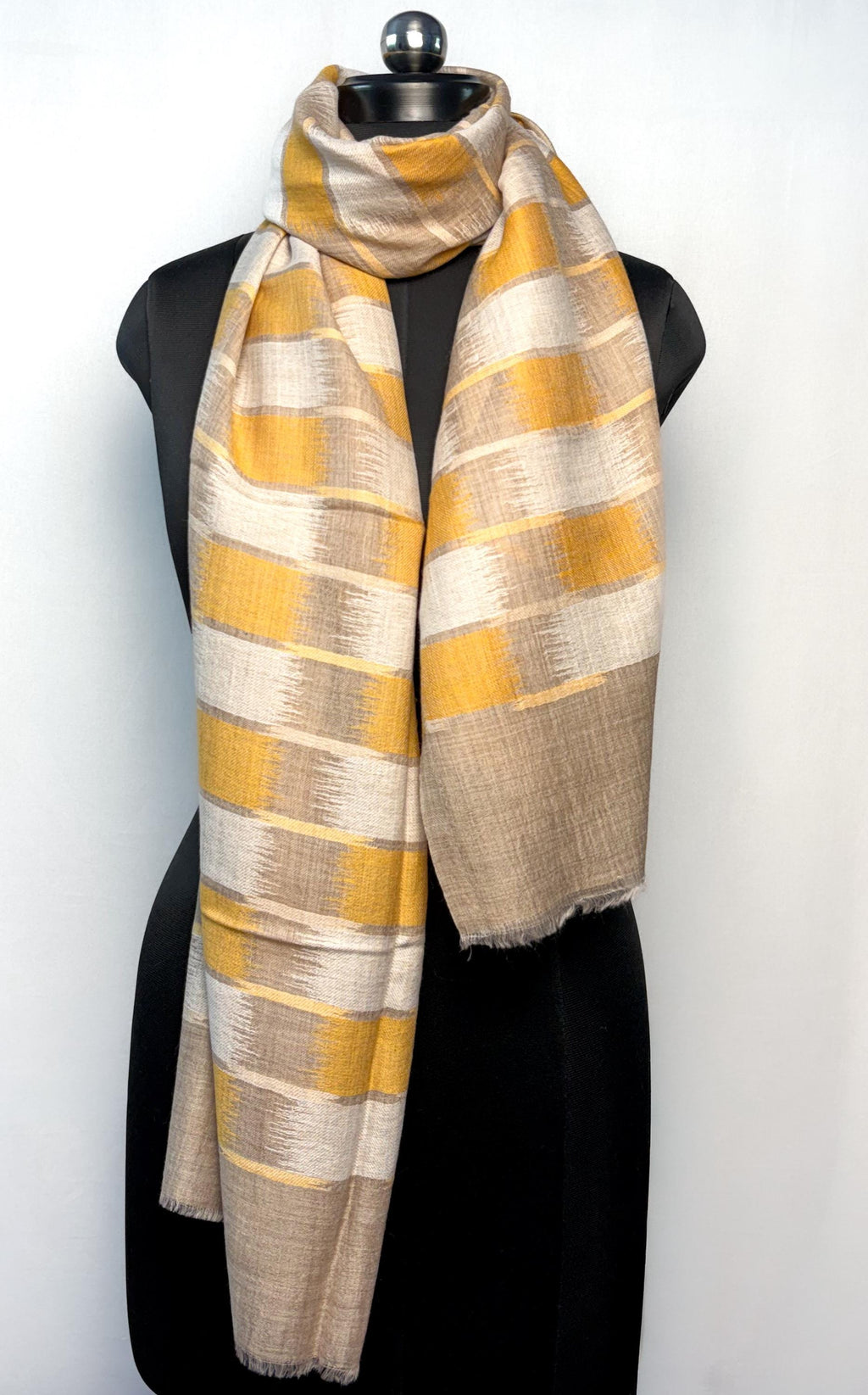 Mustard and Beige Ikat Fine wool Shawl