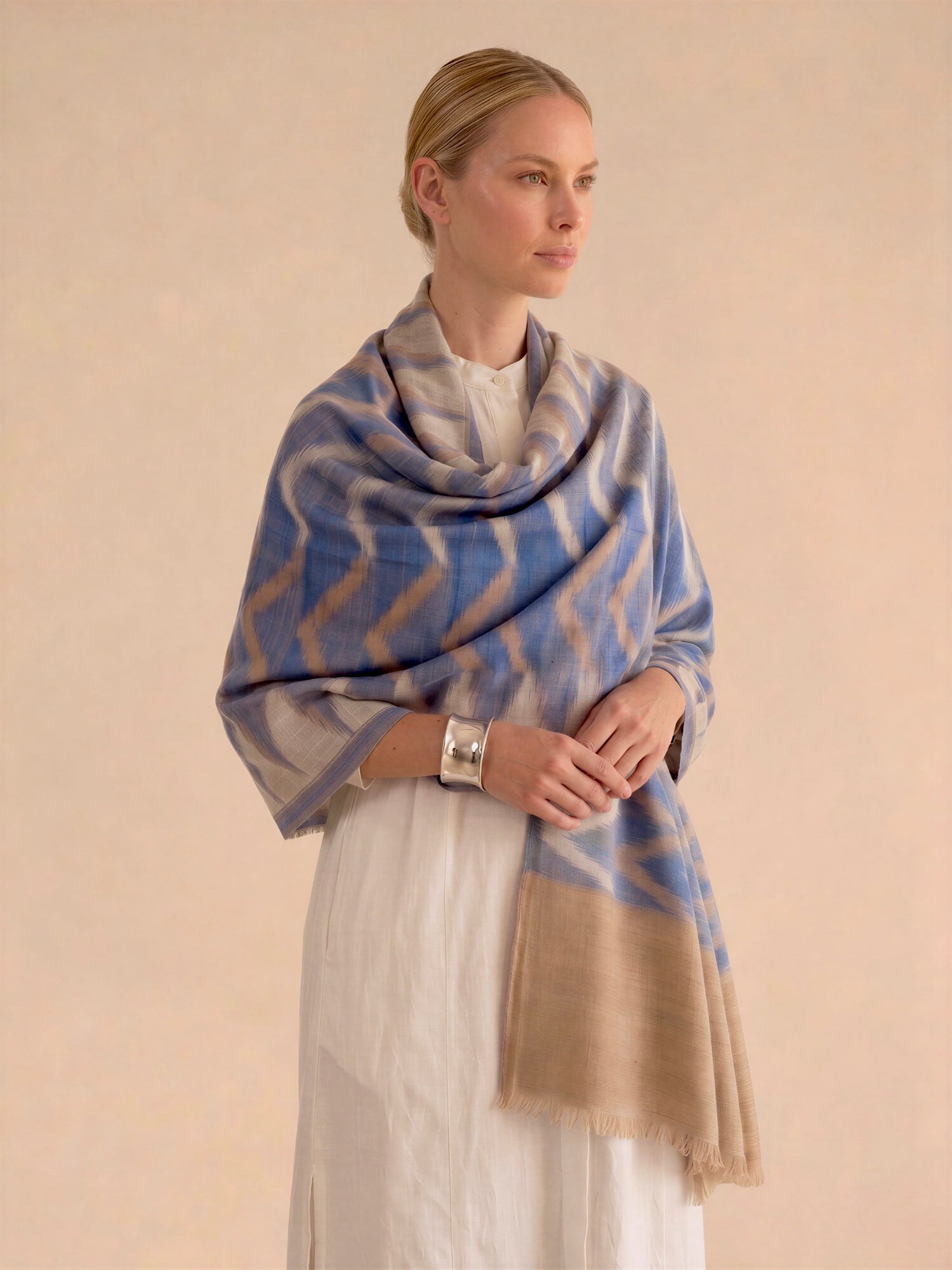 Blue Ikat Fine Wool Stole