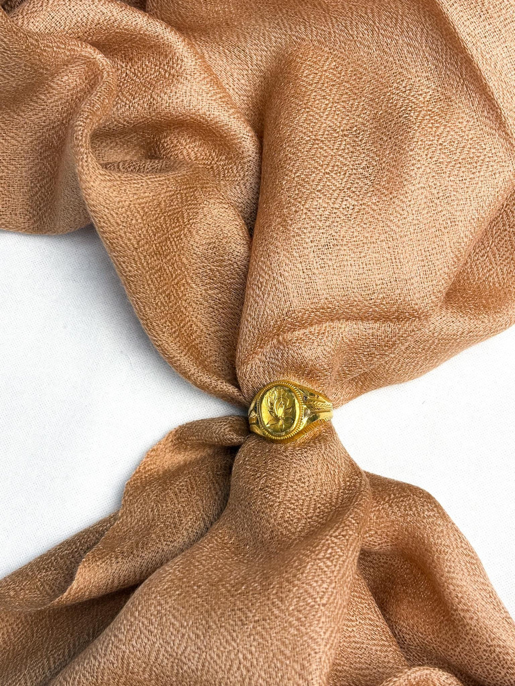 Brown fabric with a gold button on a white background