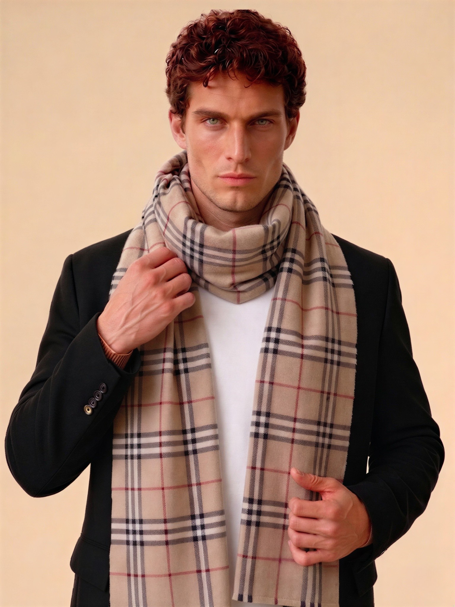 Man wearing a plaid scarf against a beige background