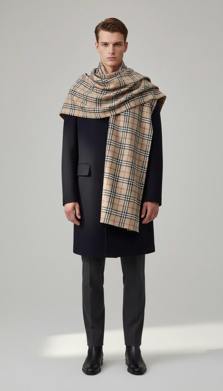 Man wearing a dark coat and plaid scarf on a plain background