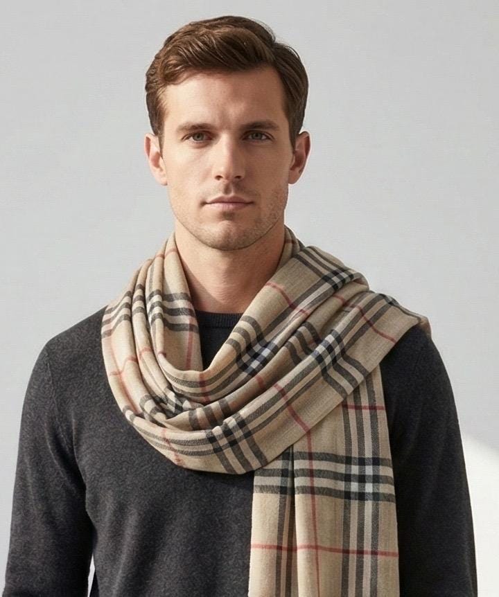 Man wearing a Burberry scarf against a plain background