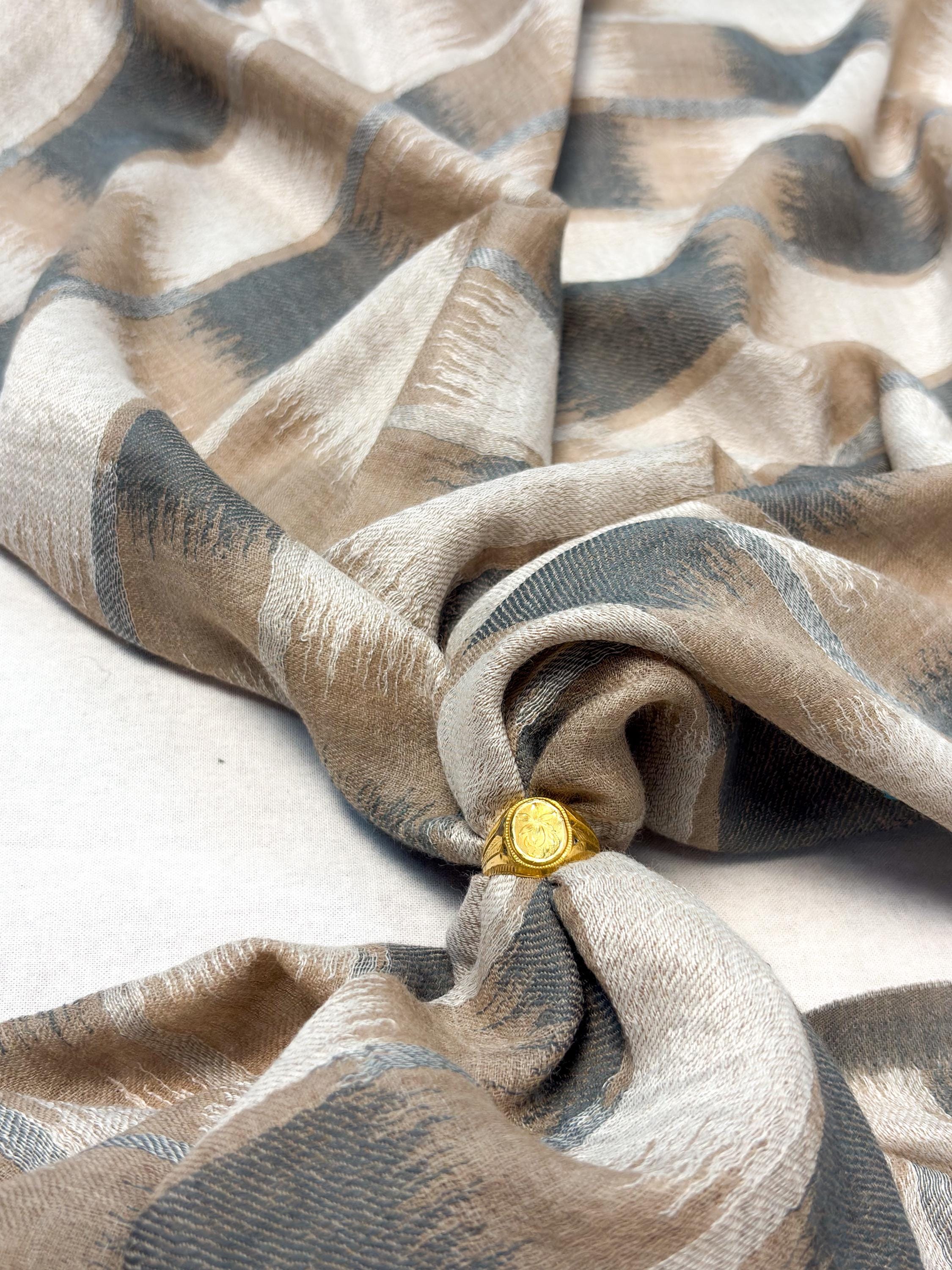 Beige and Grey Ikat Fine wool Stole