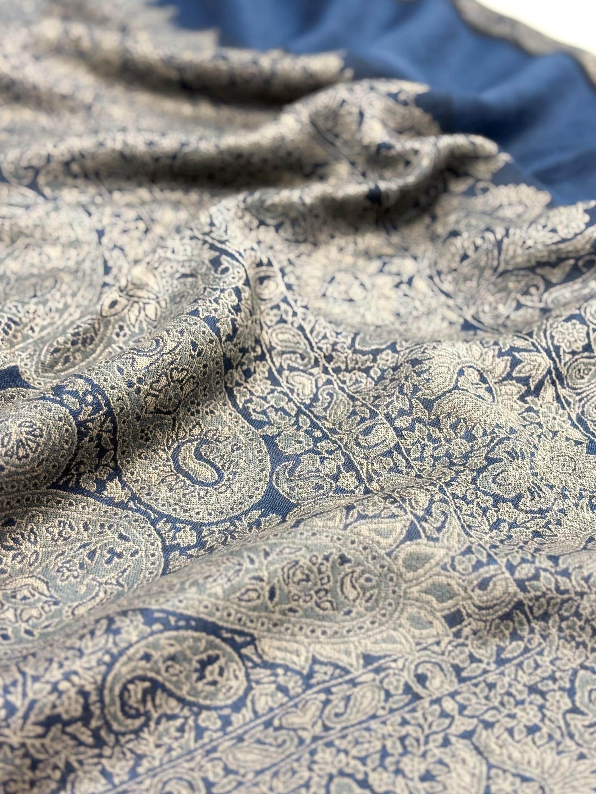 Close-up of patterned fabric with blue and white design