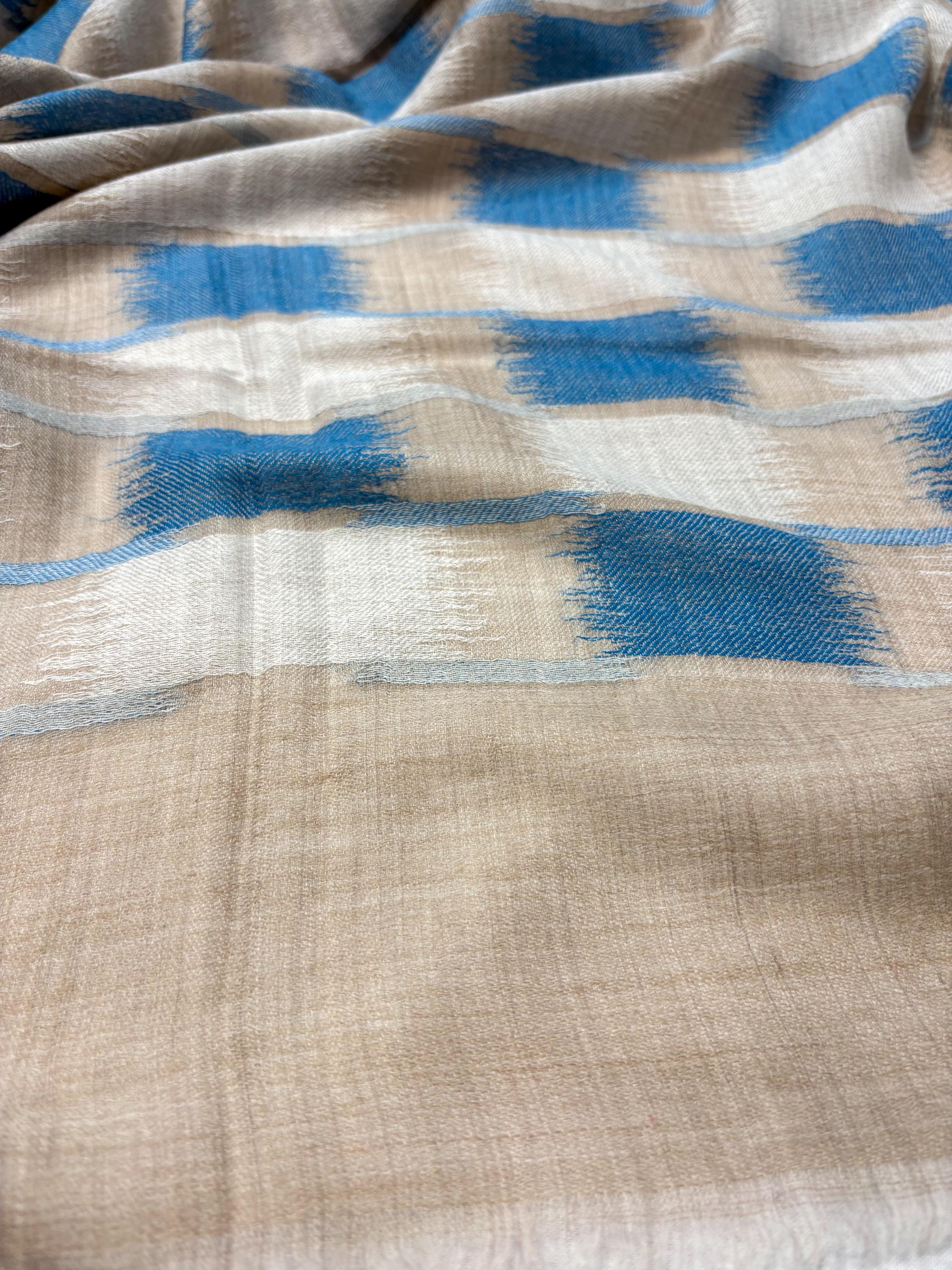 Blue and Beige Ikat Fine Wool Stole