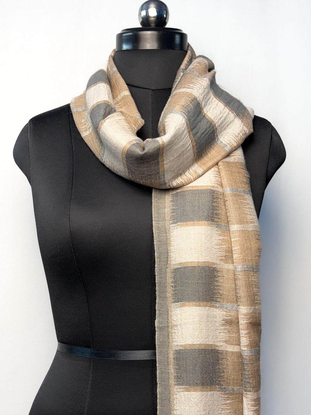 Beige and Grey Ikat Fine wool Stole
